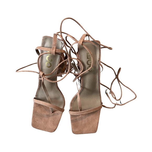 LATE-NIGHT LACE UP T-BAR STRAP SQUARE TOE BLOCK HEEL TAN BROWN FAUX SUEDE - Picture 5 of 5